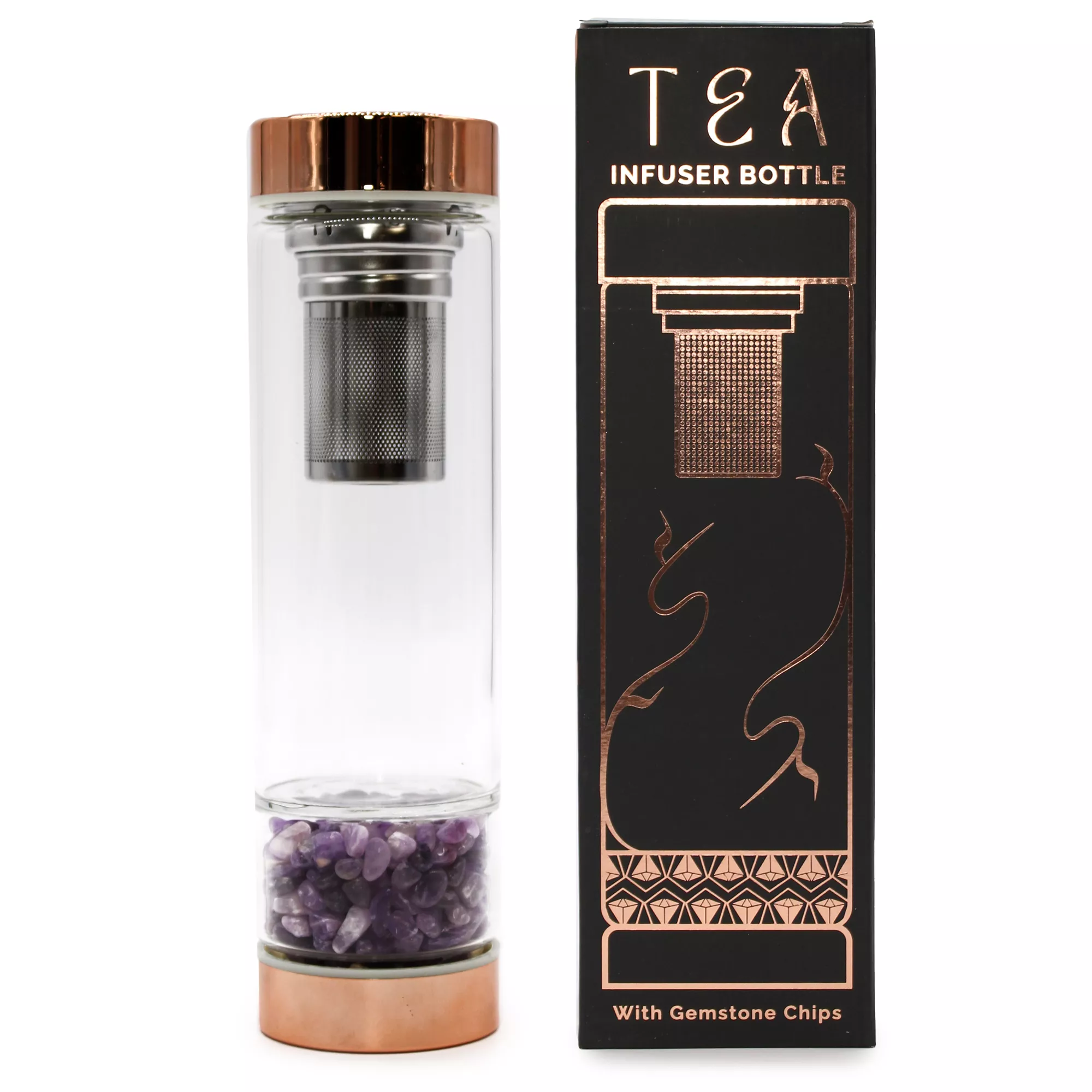 Amethyst - Tee-Infuser Flasche mit Roségold-Deckel und Neoprenhülle