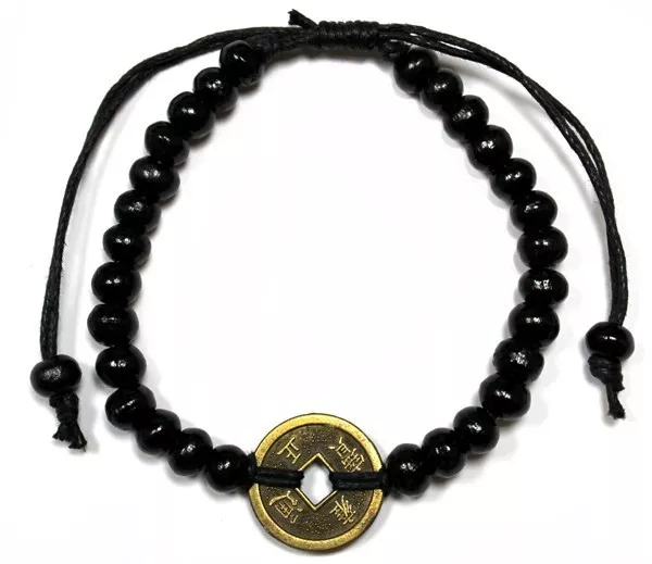 Albizia-Holz & Glücksmünzen (Schwarz) - Feng-Shui-Armband