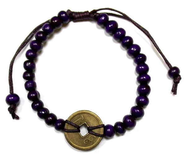 Albizia-Holz & Feng-Shui-Münze (Lila) - Feng-Shui-Armband
