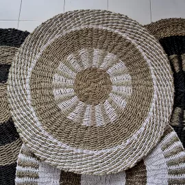 Runder Seegrasteppich Weiß-Beige 100cm - Naturgeflochtener Teppich