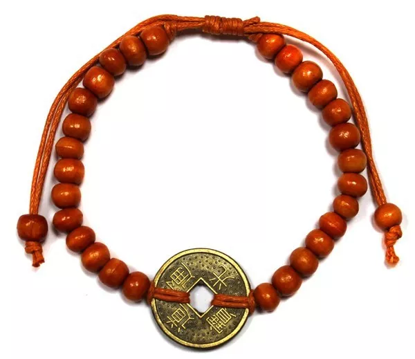 Albesia-Holz & Holzmünzen (Orange) - Feng-Shui-Armband
