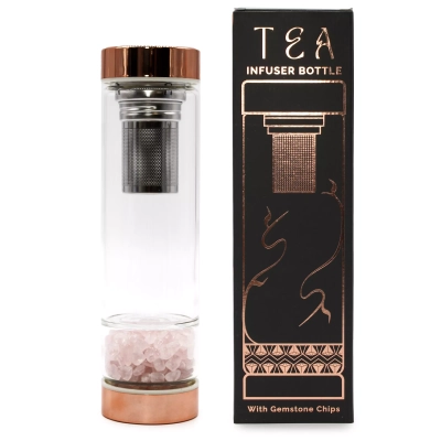 Rosenquarz Edelstein - Tee-Infuser Flasche mit Roségold-Deckel und Neoprenhülle